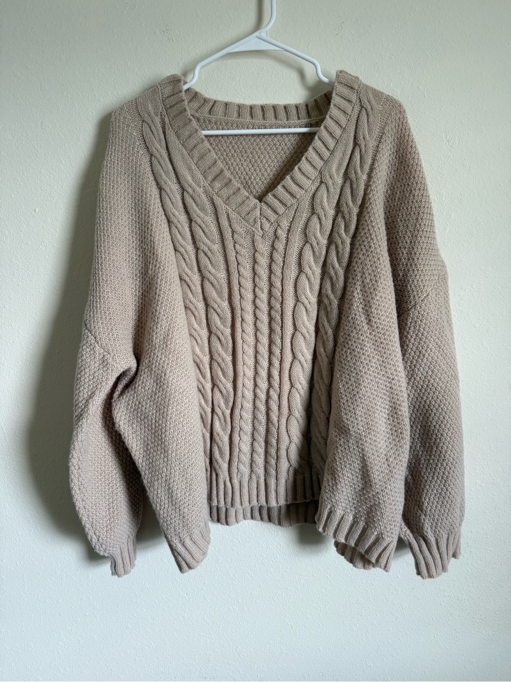 Cable Knit V-Neck Sweater - Beige